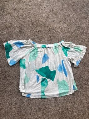 Chico’s Women’s 3 (XL) Off-Shoulder Abstract Print Top in Teal & Blue EUC